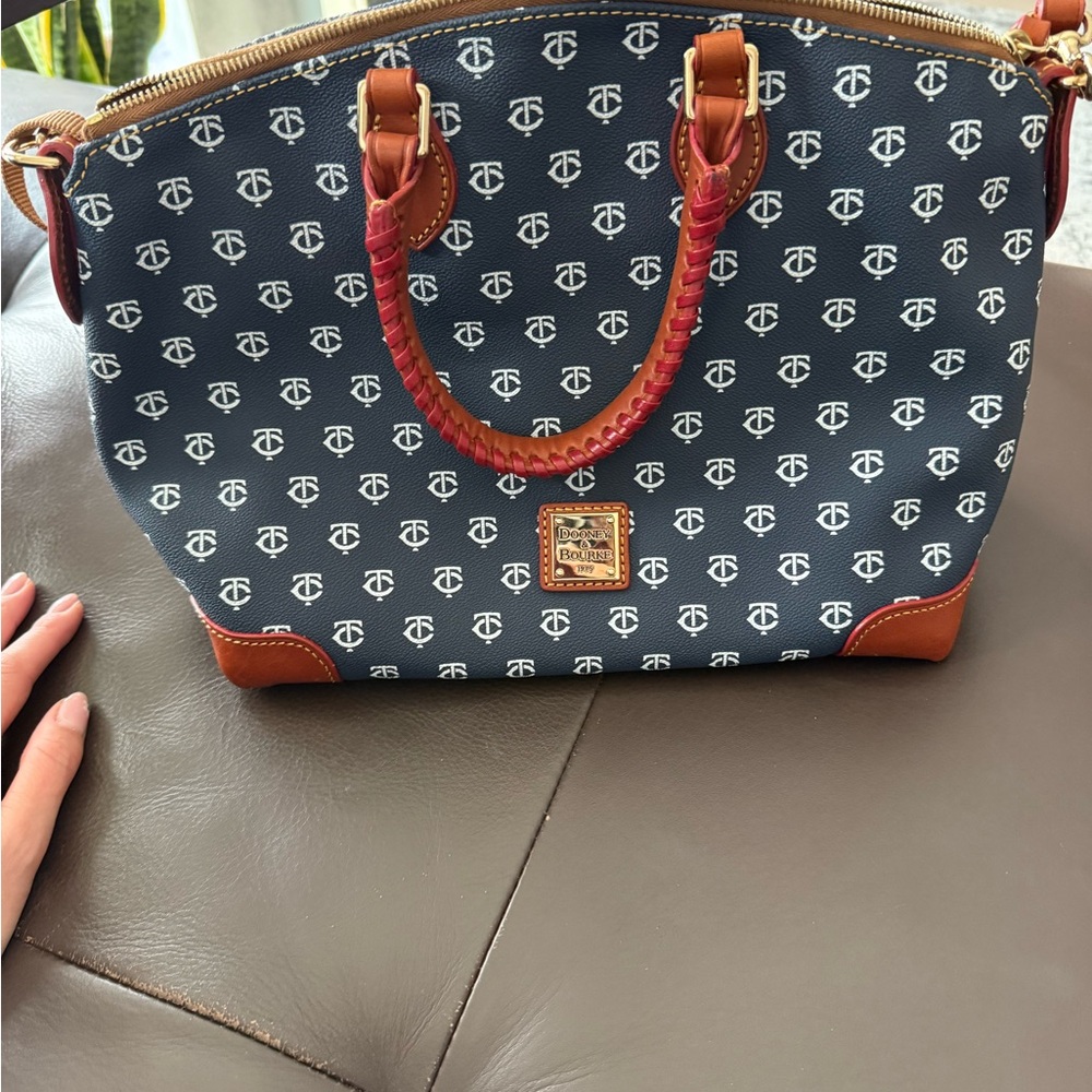 Dooney & Bourke Navy Twins Satchel with Brown Trim and Red Braided Handles